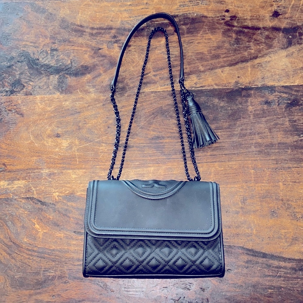 Tory Burch Black Quilted Leather Shoulder Bag with Tassel